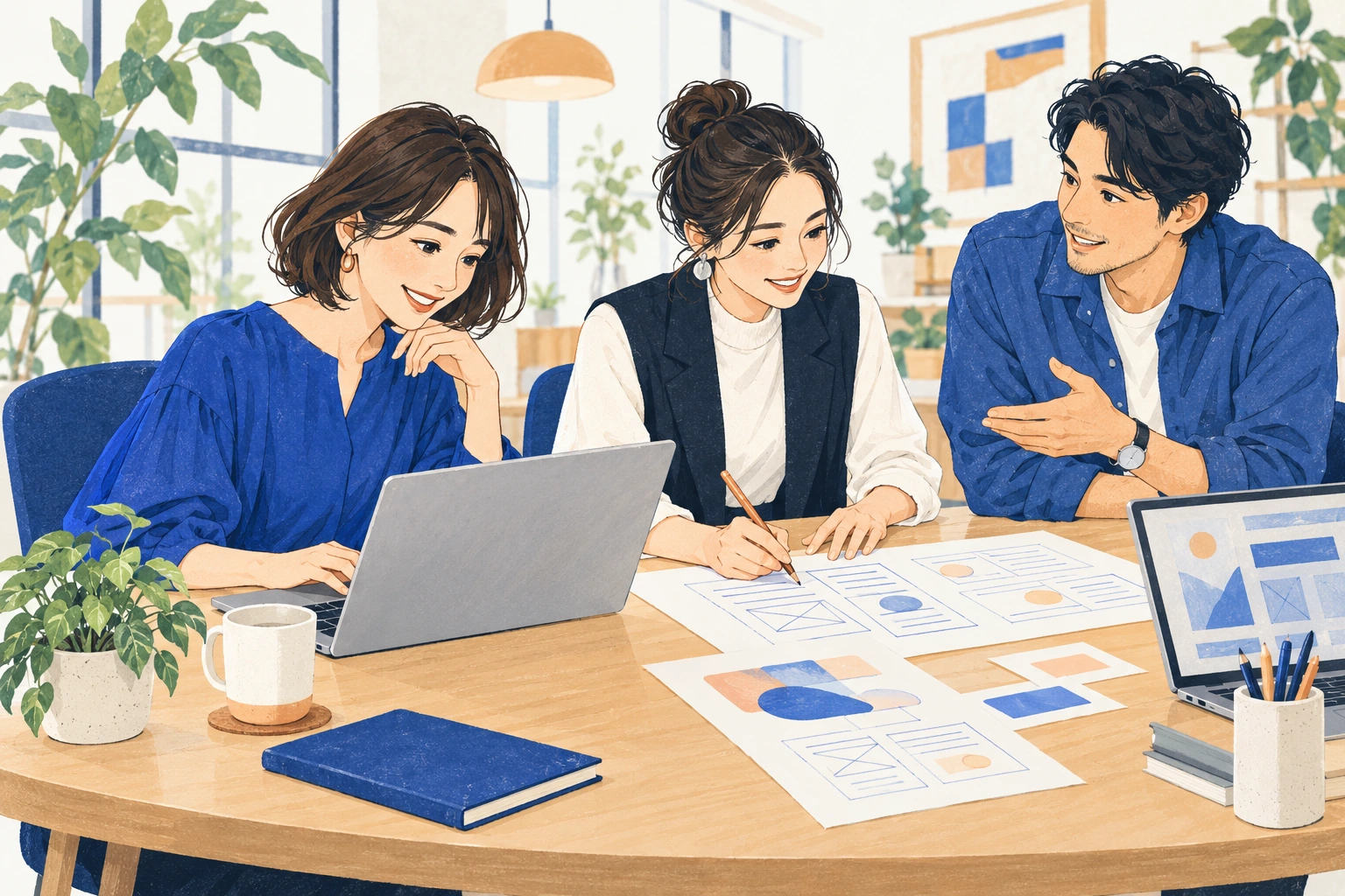 女性メンバーを中心に、3人がパソコンや画面案を見ながらサービスを考えるイメージイラスト