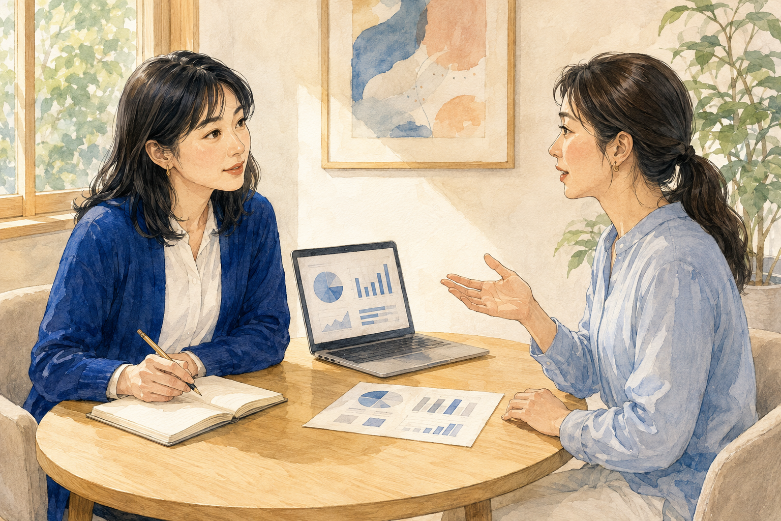 女性メンバーが顧客の話に耳を傾け、ノートやパソコンで情報を確認するイメージイラスト