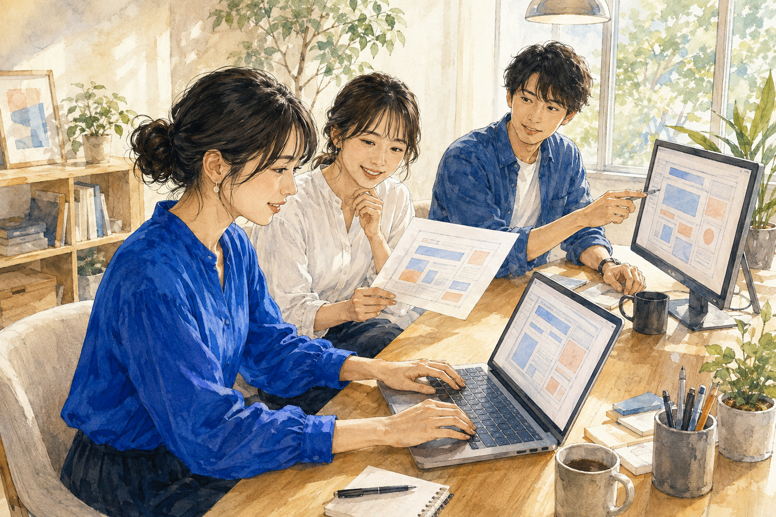 女性メンバーがパソコンでサービスを制作し、仲間とエンジニアが一緒に画面を確認するイメージイラスト
